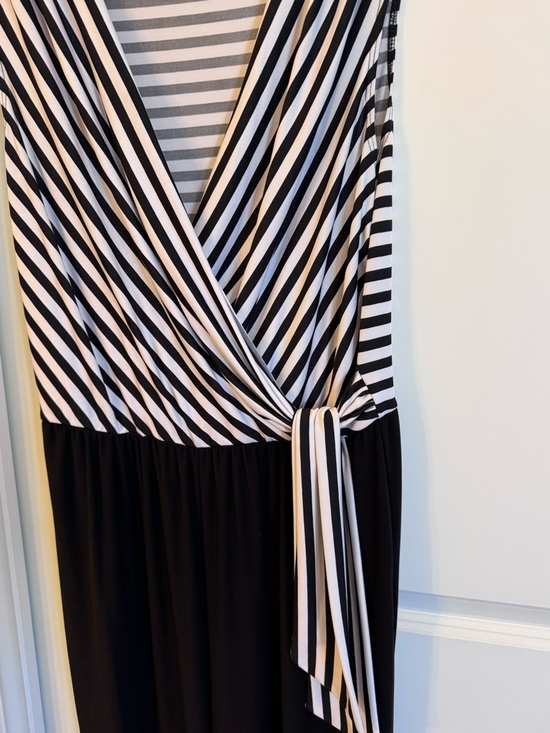 Striped Black & White Wrap Jumpsuit with Self-Tie - Picture 4 of 6